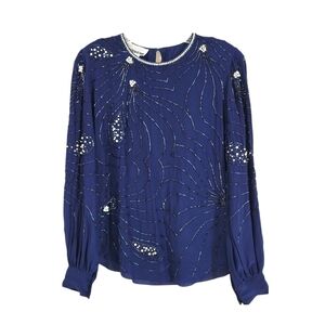 Vintage Argenti Notte Silk Blue Long-sleeve Beaded Pearl Evening Blouse